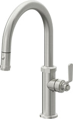 California Faucets Descanso Works Llave de Cocina Extraible Industrial con Rociador de Boton - Pico Bajo en Arco - Cromo Satinado