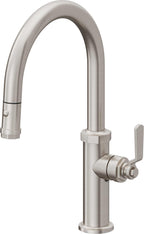California Faucets Descanso Works Llave de Cocina Extraible Industrial con Rociador de Boton - Pico Bajo en Arco - Acero Inoxidable Ultra