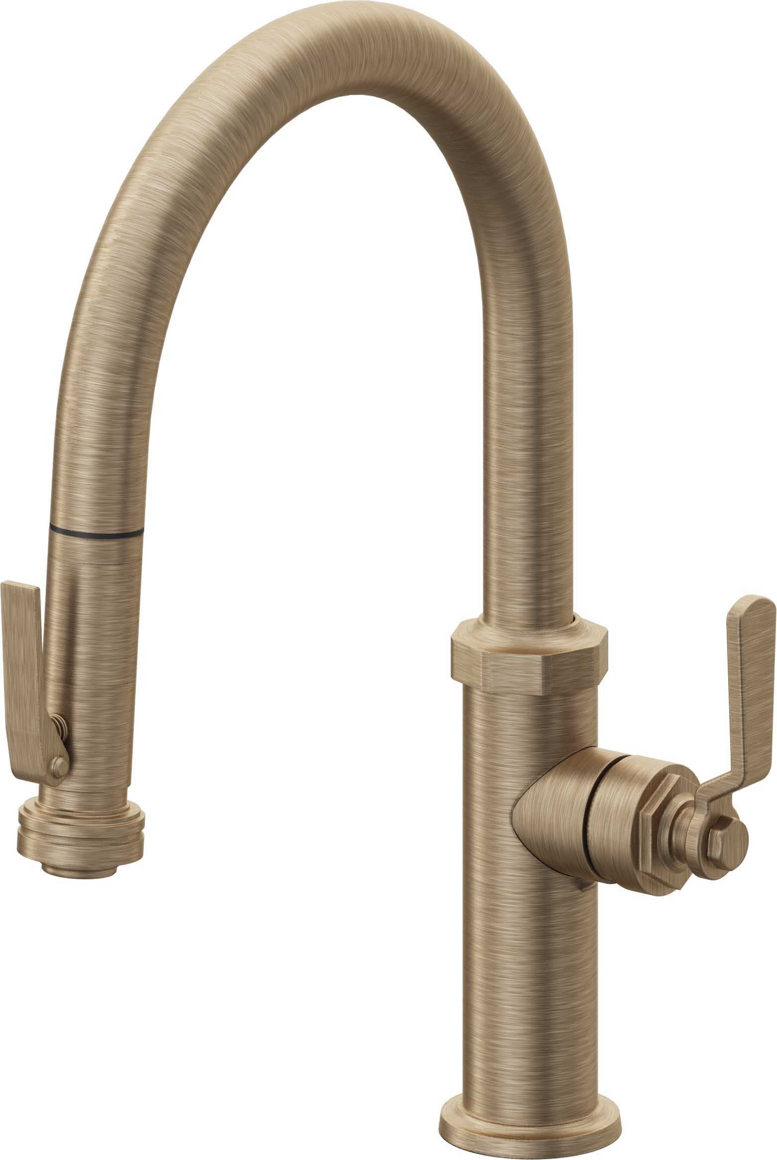 California Faucets Descanso Works Llave de Cocina Extraible Industrial con Rociador de Apretar - Pico Bajo en Arco - Latón Antiguo Mate