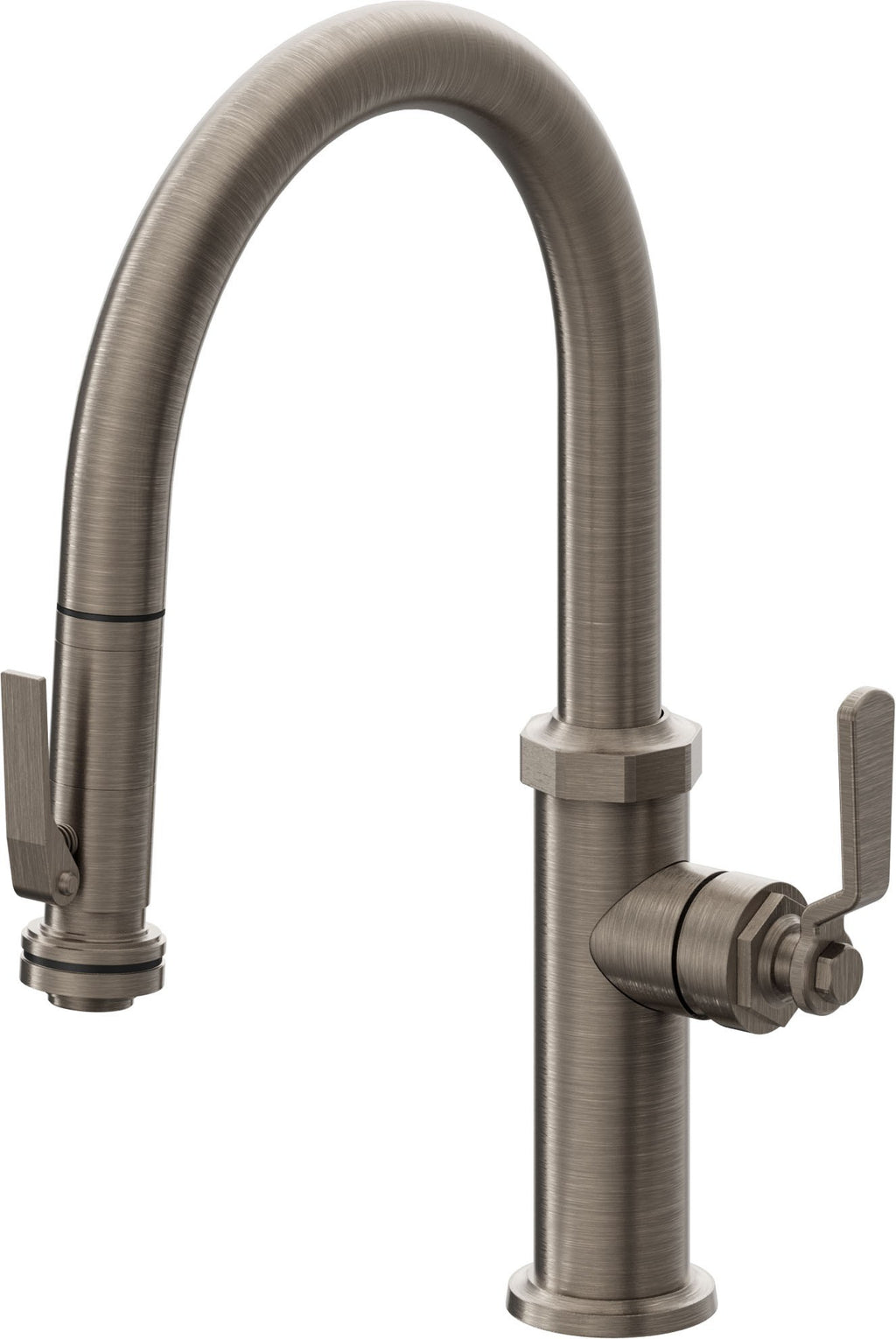 California Faucets Descanso Works Llave de Cocina Extraible Industrial con Rociador de Apretar - Pico Bajo en Arco - Níquel Antiguo Mate