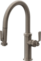 California Faucets Descanso Works Llave de Cocina Extraible Industrial con Rociador de Apretar - Pico Bajo en Arco - Níquel Antiguo Mate