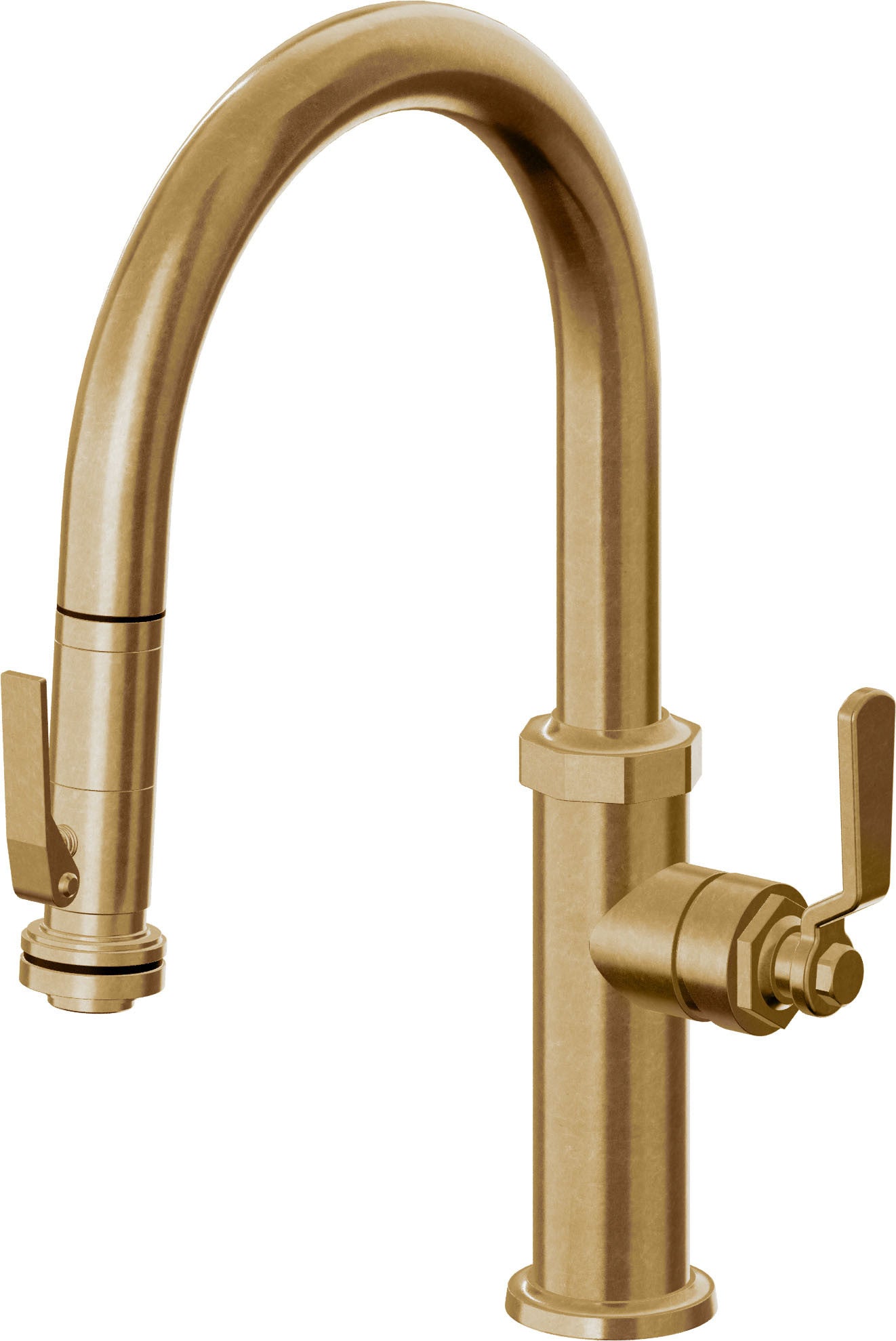 California Faucets Descanso Works Llave de Cocina Extraible Industrial con Rociador de Apretar - Pico Bajo en Arco - Latón Bruñido