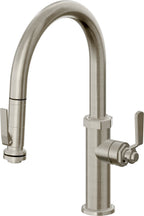 California Faucets Descanso Works Llave de Cocina Extraible Industrial con Rociador de Apretar - Pico Bajo en Arco - Níquel Bruñido