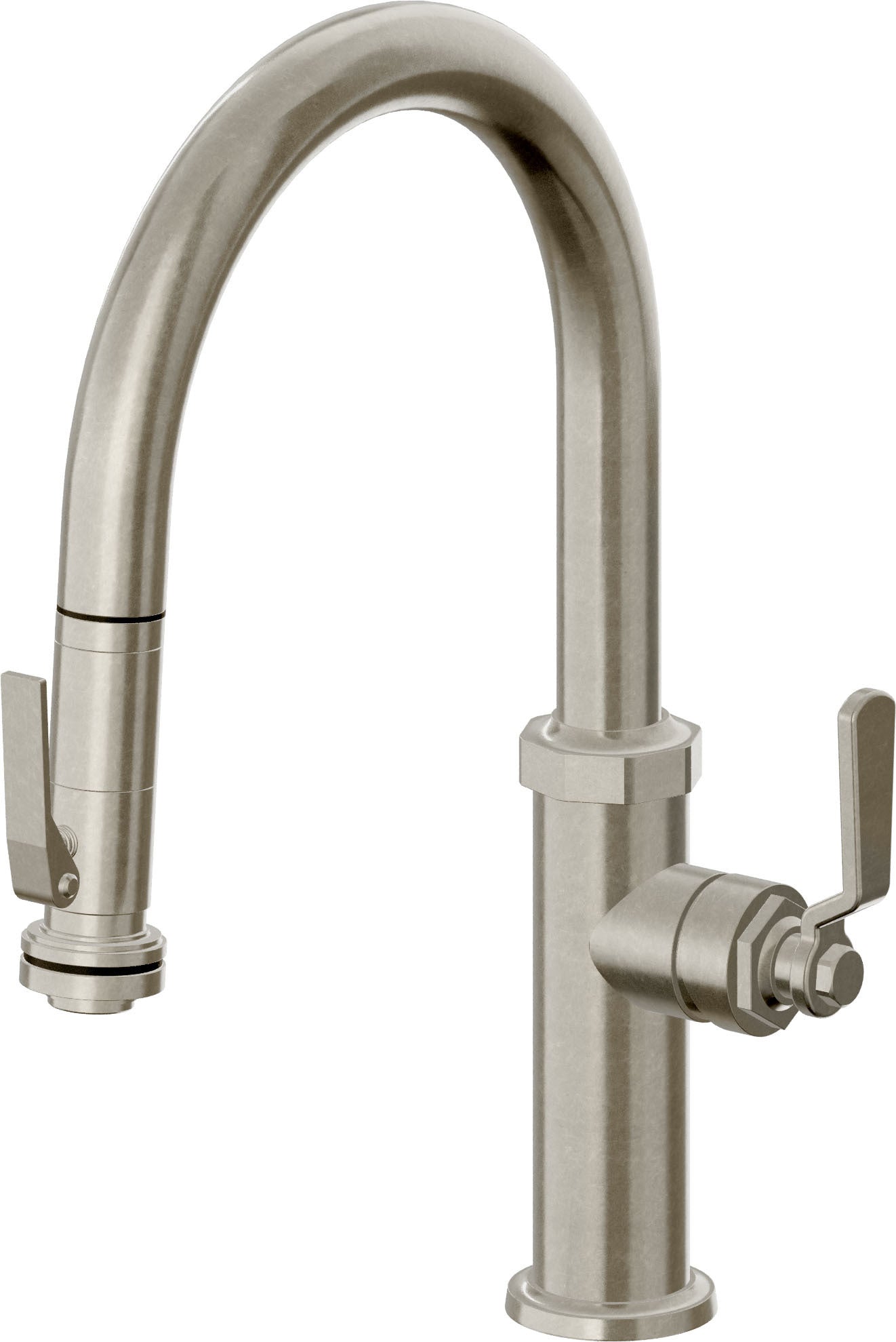 California Faucets Descanso Works Llave de Cocina Extraible Industrial con Rociador de Apretar - Pico Bajo en Arco - Níquel Bruñido