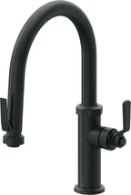 California Faucets Descanso Works Llave de Cocina Extraible Industrial con Rociador de Apretar - Pico Bajo en Arco - Carbón