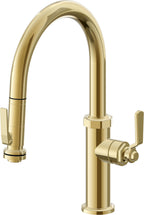 California Faucets Descanso Works Llave de Cocina Extraible Industrial con Rociador de Apretar - Pico Bajo en Arco - Oro Pulido de por Vida