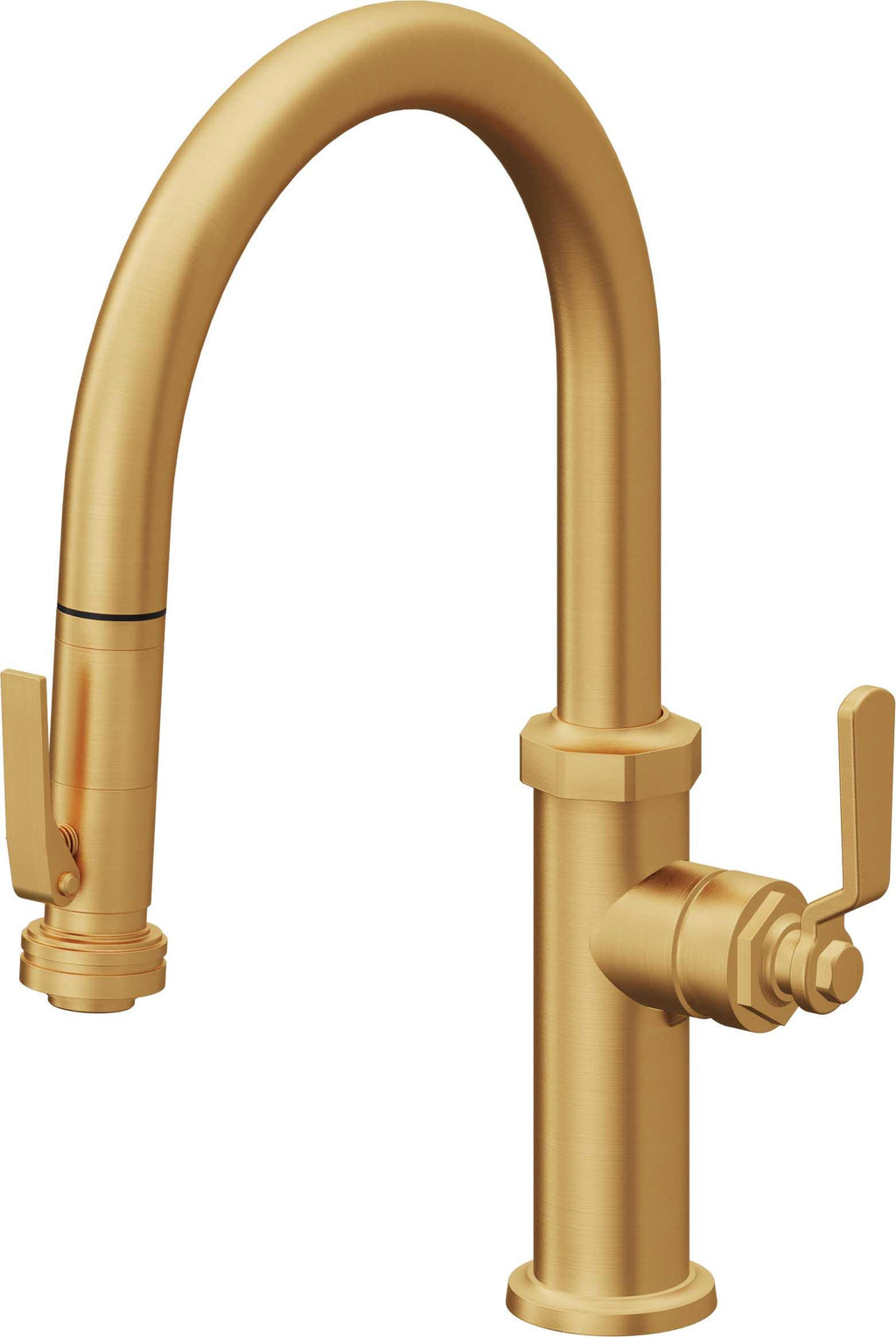California Faucets Descanso Works Llave de Cocina Extraible Industrial con Rociador de Apretar - Pico Bajo en Arco - Oro Satinado de por Vida
