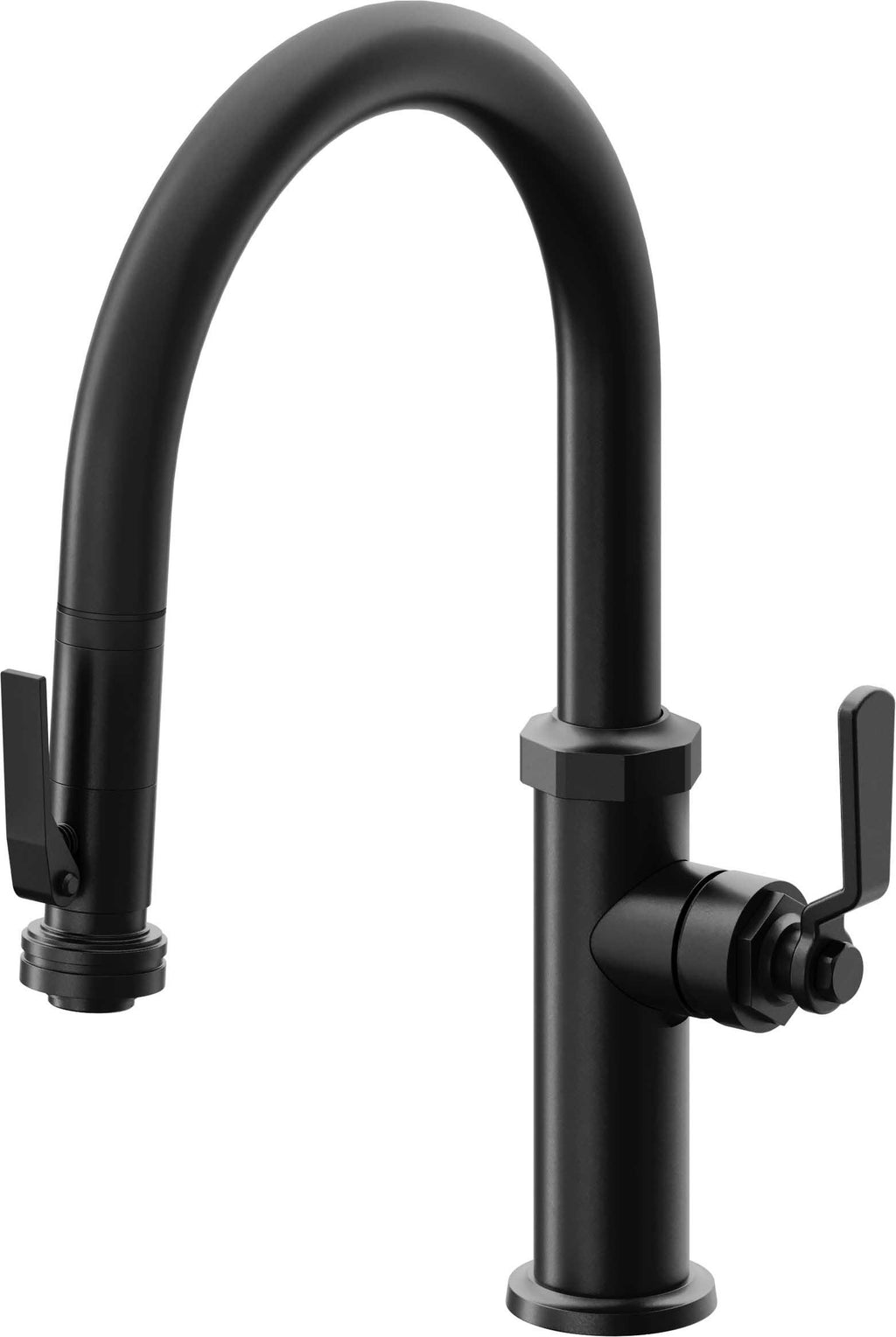 California Faucets Descanso Works Llave de Cocina Extraible Industrial con Rociador de Apretar - Pico Bajo en Arco - Negro Mate