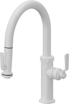 California Faucets Descanso Works Llave de Cocina Extraible Industrial con Rociador de Apretar - Pico Bajo en Arco - Blanco Mate