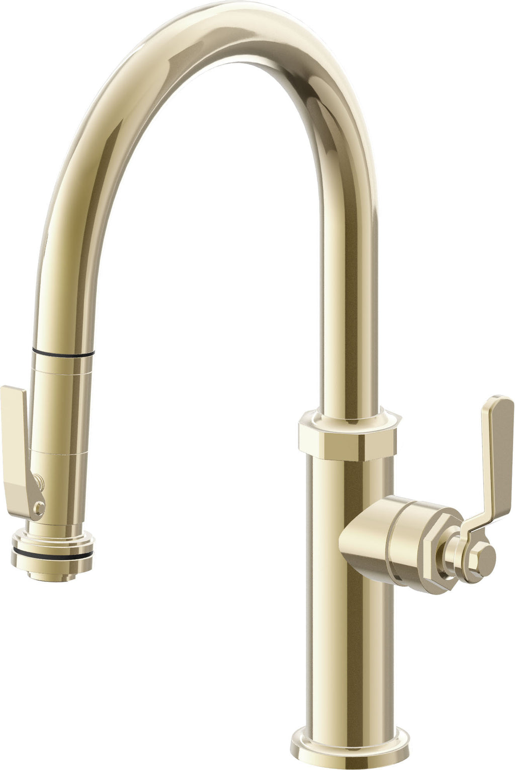 California Faucets Descanso Works Llave de Cocina Extraible Industrial con Rociador de Apretar - Pico Bajo en Arco - Latón Pulido