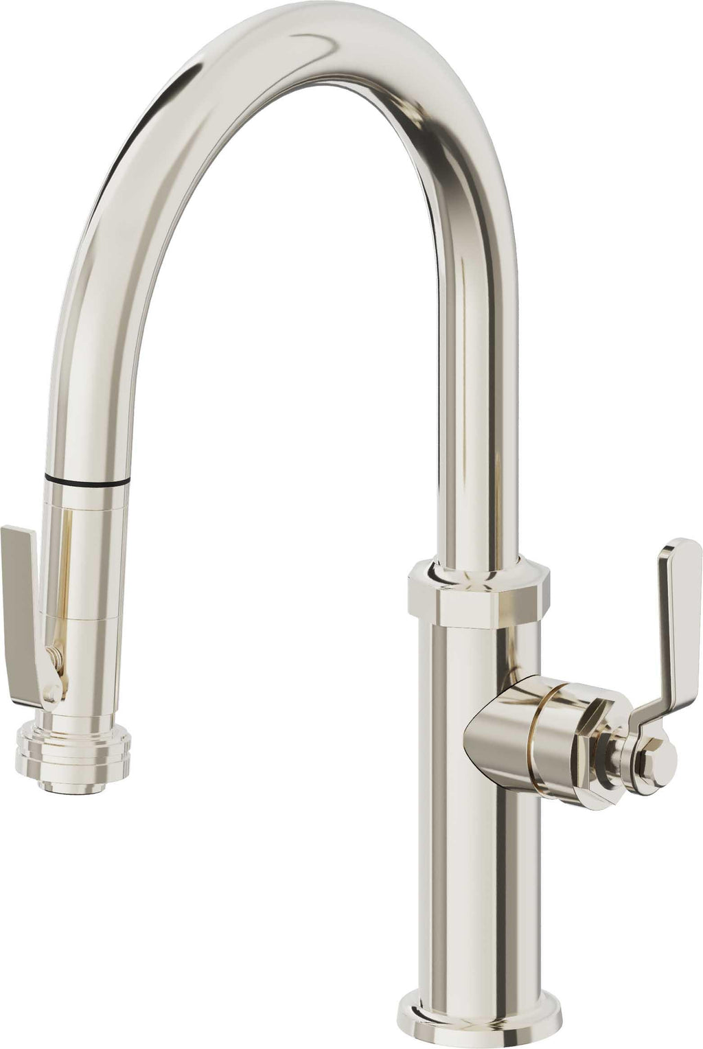 California Faucets Descanso Works Llave de Cocina Extraible Industrial con Rociador de Apretar - Pico Bajo en Arco - Níquel Pulido