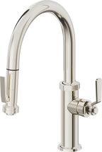 California Faucets Descanso Works Llave de Cocina Extraible Industrial con Rociador de Apretar - Pico Bajo en Arco - Níquel Pulido