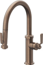 California Faucets Descanso Works Llave de Cocina Extraible Industrial con Rociador de Apretar - Pico Bajo en Arco - Bronce Satinado
