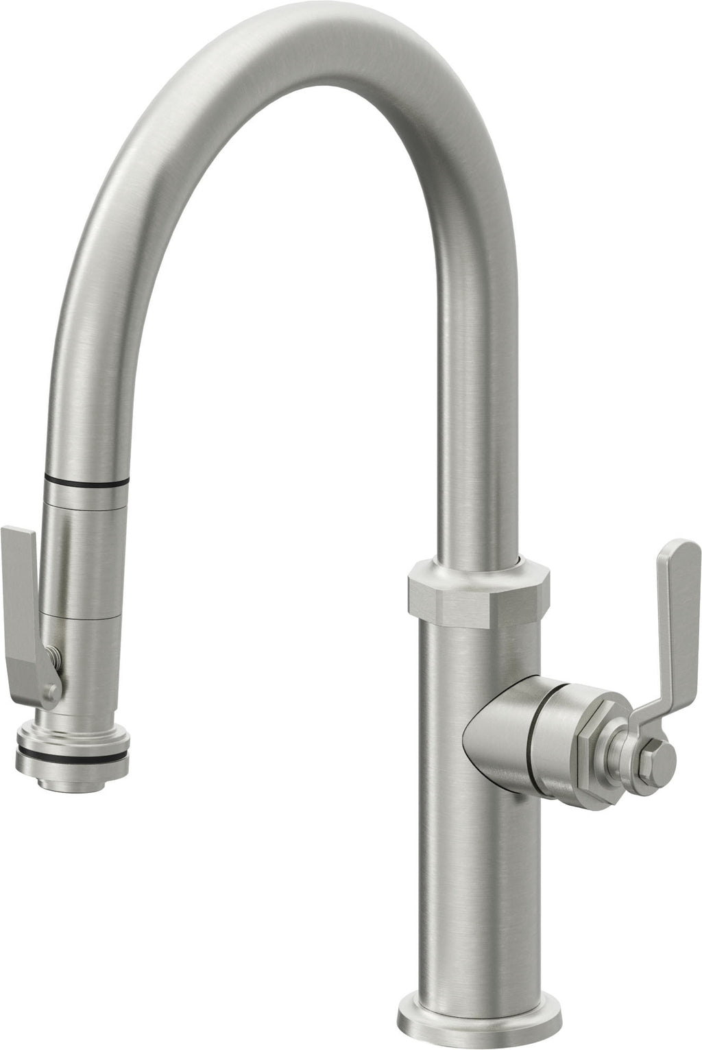 California Faucets Descanso Works Llave de Cocina Extraible Industrial con Rociador de Apretar - Pico Bajo en Arco - Cromo Satinado