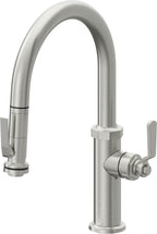 California Faucets Descanso Works Llave de Cocina Extraible Industrial con Rociador de Apretar - Pico Bajo en Arco - Cromo Satinado
