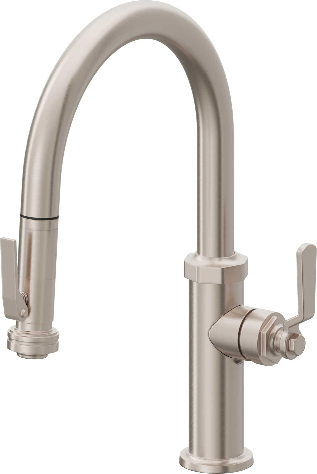 California Faucets Descanso Works Llave de Cocina Extraible Industrial con Rociador de Apretar - Pico Bajo en Arco - Níquel Satinado