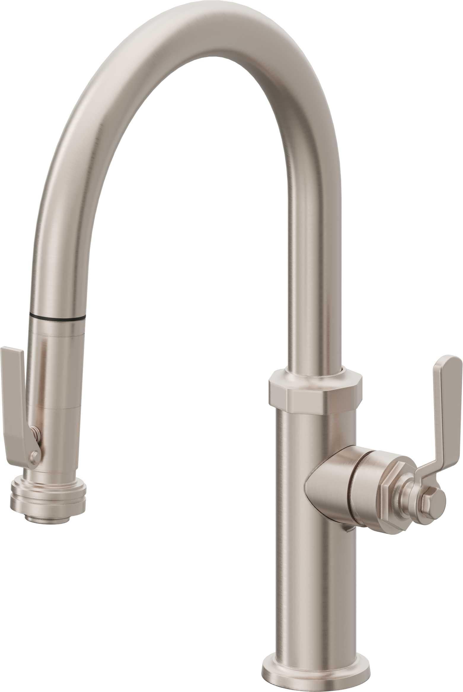 California Faucets Descanso Works Llave de Cocina Extraible Industrial con Rociador de Apretar - Pico Bajo en Arco - Níquel Satinado