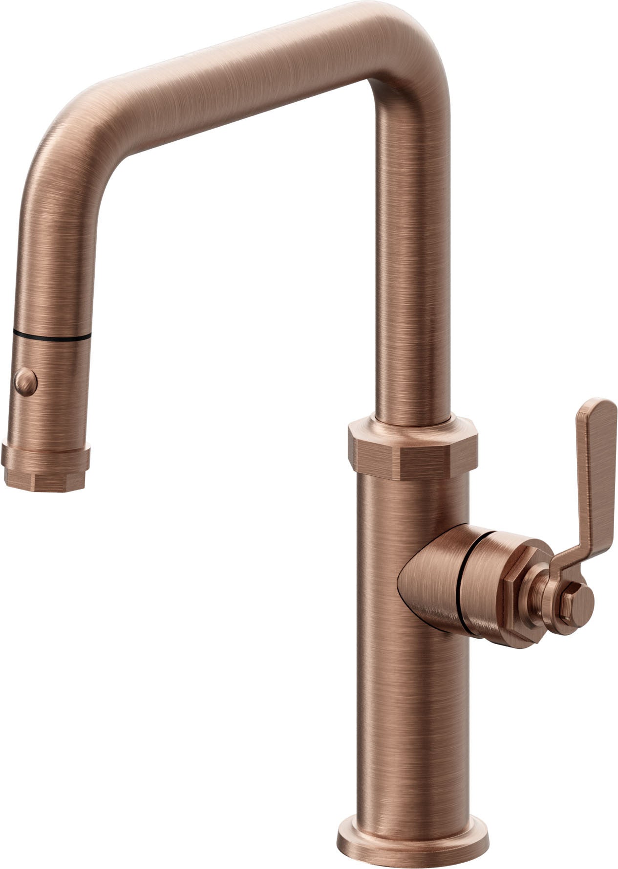 California Faucets Descanso Works Llave de Cocina Extraible Industrial con Rociador de Boton - Pico Cuadruple - Cobre Antiguo Mate