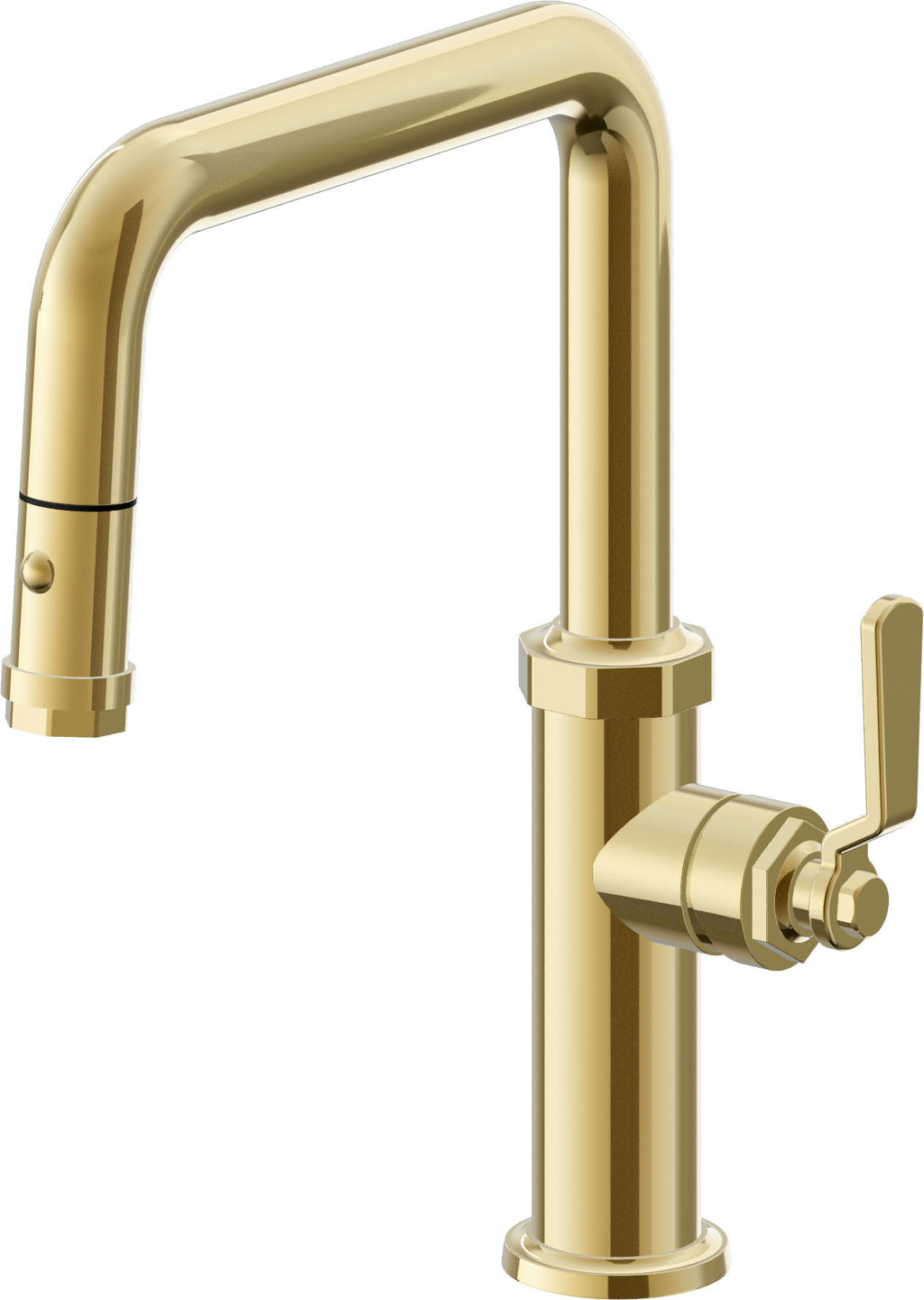California Faucets Descanso Works Llave de Cocina Extraible Industrial con Rociador de Boton - Pico Cuadruple - Oro Pulido de por Vida