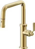 California Faucets Descanso Works Llave de Cocina Extraible Industrial con Rociador de Boton - Pico Cuadruple - Oro Pulido de por Vida