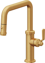 California Faucets Descanso Works Llave de Cocina Extraible Industrial con Rociador de Boton - Pico Cuadruple - Oro Satinado de por Vida