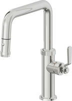 California Faucets Descanso Works Llave de Cocina Extraible Industrial con Rociador de Boton - Pico Cuadruple - Cromo Pulido