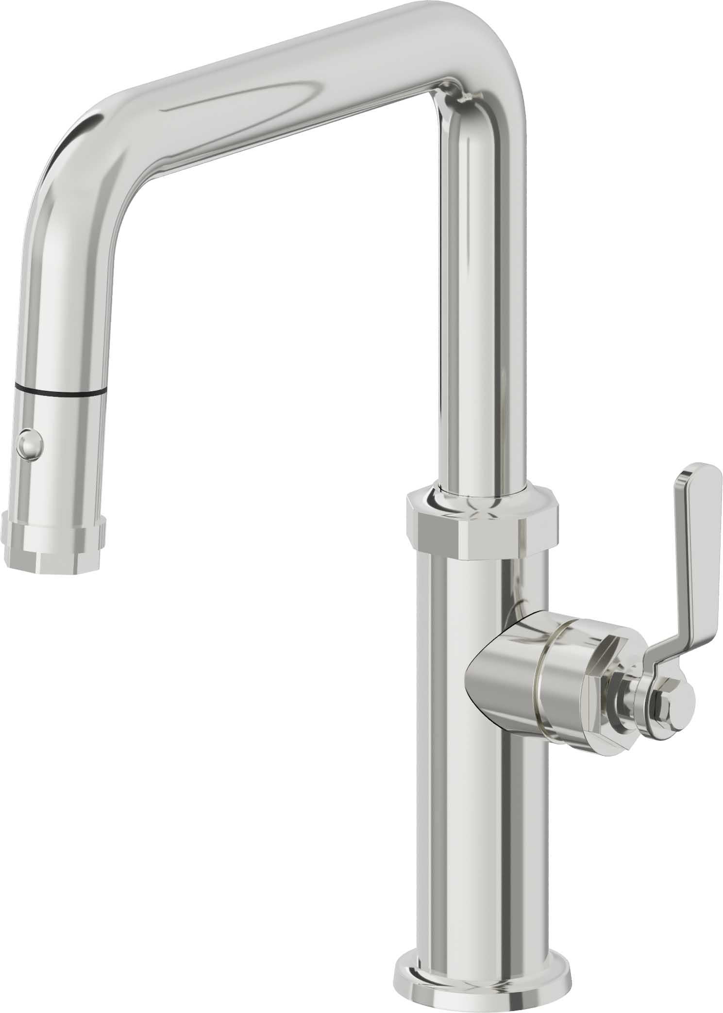 California Faucets Descanso Works Llave de Cocina Extraible Industrial con Rociador de Boton - Pico Cuadruple - Cromo Pulido