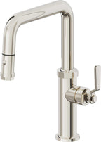 California Faucets Descanso Works Llave de Cocina Extraible Industrial con Rociador de Boton - Pico Cuadruple - Níquel Pulido
