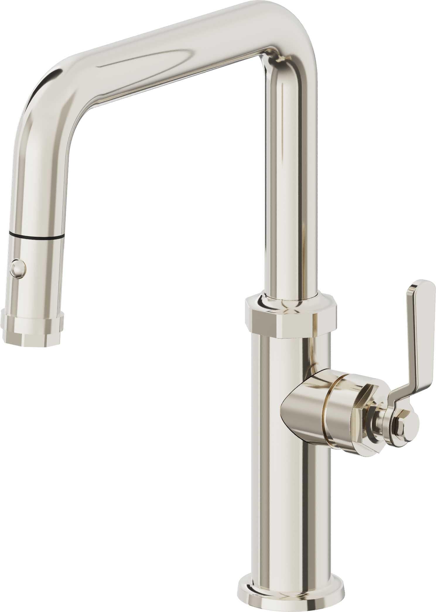 California Faucets Descanso Works Llave de Cocina Extraible Industrial con Rociador de Boton - Pico Cuadruple - Níquel Pulido
