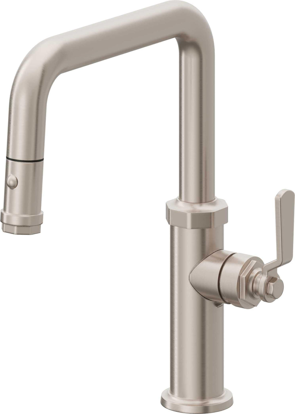 California Faucets Descanso Works Llave de Cocina Extraible Industrial con Rociador de Boton - Pico Cuadruple - Níquel Satinado