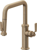 California Faucets Descanso Works Llave de Cocina Extraible Industrial con Rociador de Apretar - Pico Cuadruple - Latón Antiguo Mate