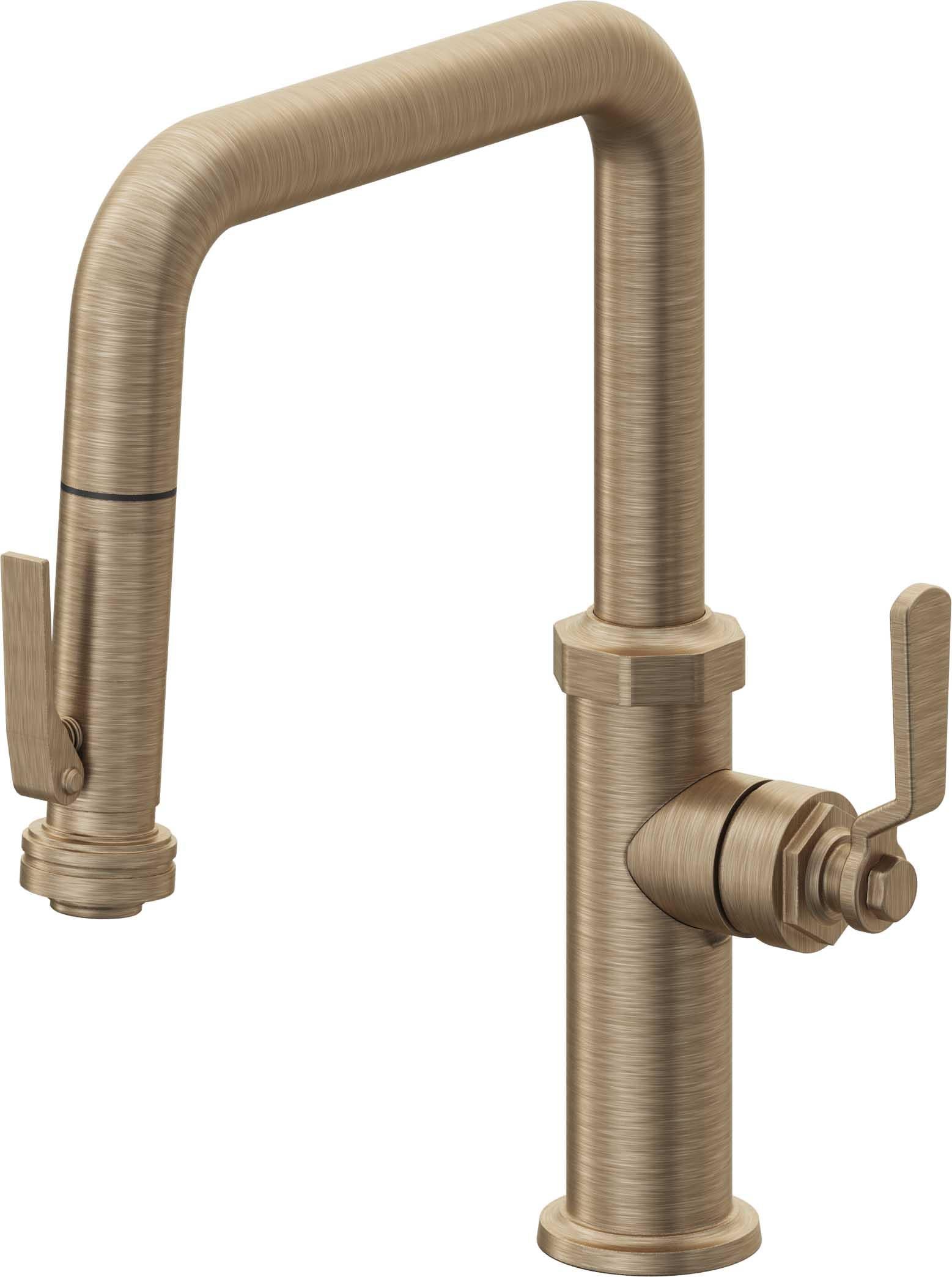 California Faucets Descanso Works Llave de Cocina Extraible Industrial con Rociador de Apretar - Pico Cuadruple - Latón Antiguo Mate
