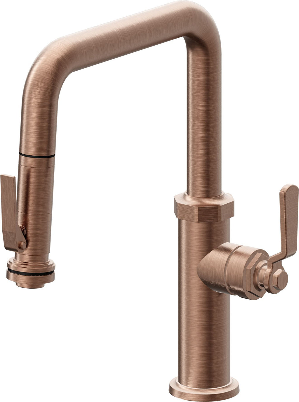 California Faucets Descanso Works Llave de Cocina Extraible Industrial con Rociador de Apretar - Pico Cuadruple - Cobre Antiguo Mate