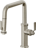 California Faucets Descanso Works Llave de Cocina Extraible Industrial con Rociador de Apretar - Pico Cuadruple - Níquel Bruñido
