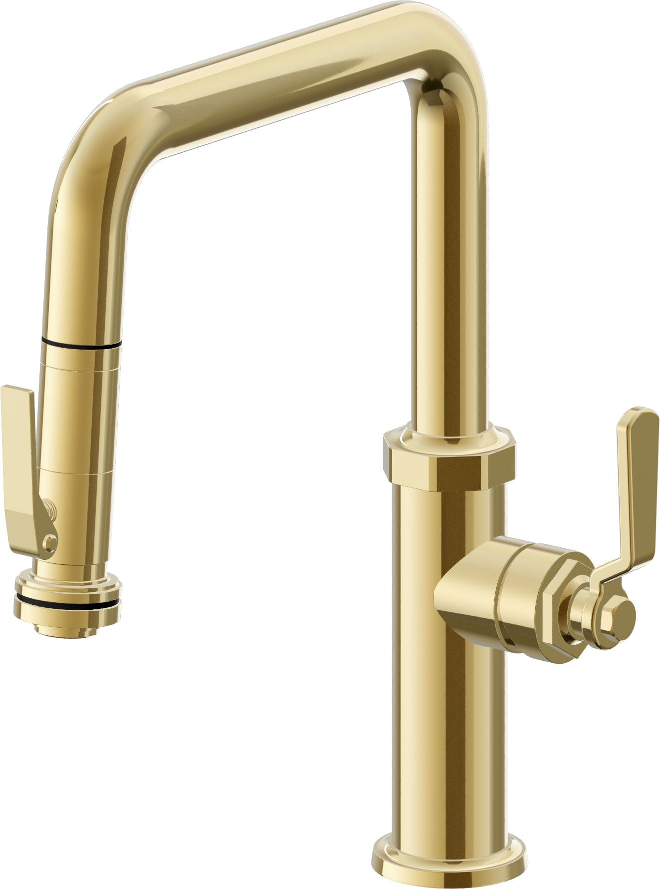 California Faucets Descanso Works Llave de Cocina Extraible Industrial con Rociador de Apretar - Pico Cuadruple - Oro Pulido de por Vida