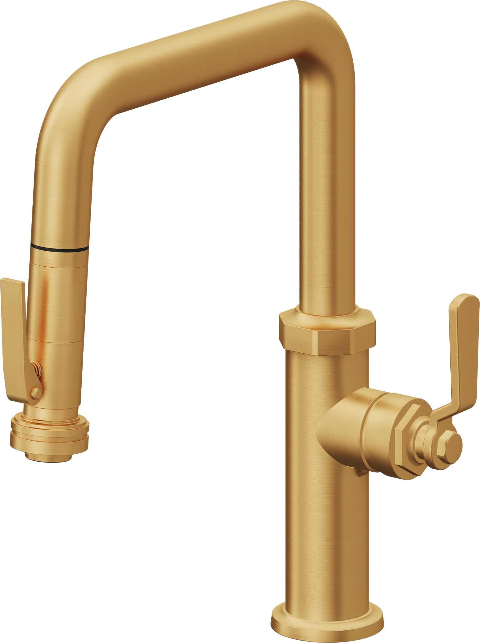 California Faucets Descanso Works Llave de Cocina Extraible Industrial con Rociador de Apretar - Pico Cuadruple - Oro Satinado de por Vida