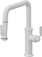California Faucets Descanso Works Llave de Cocina Extraible Industrial con Rociador de Apretar - Pico Cuadruple - Blanco Mate