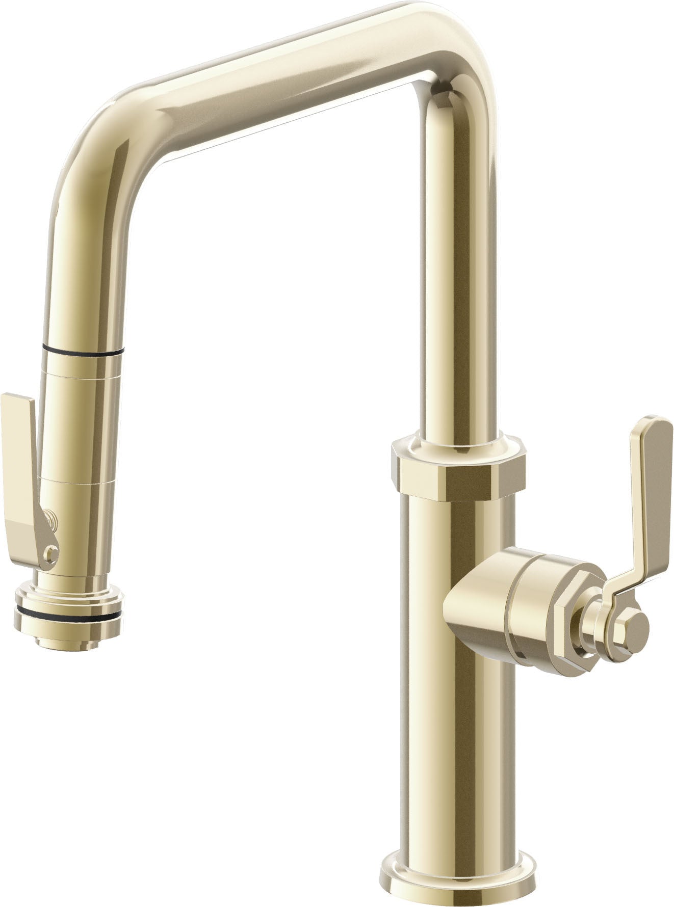 California Faucets Descanso Works Llave de Cocina Extraible Industrial con Rociador de Apretar - Pico Cuadruple - Latón Pulido