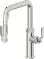 California Faucets Descanso Works Llave de Cocina Extraible Industrial con Rociador de Apretar - Pico Cuadruple - Cromo Pulido