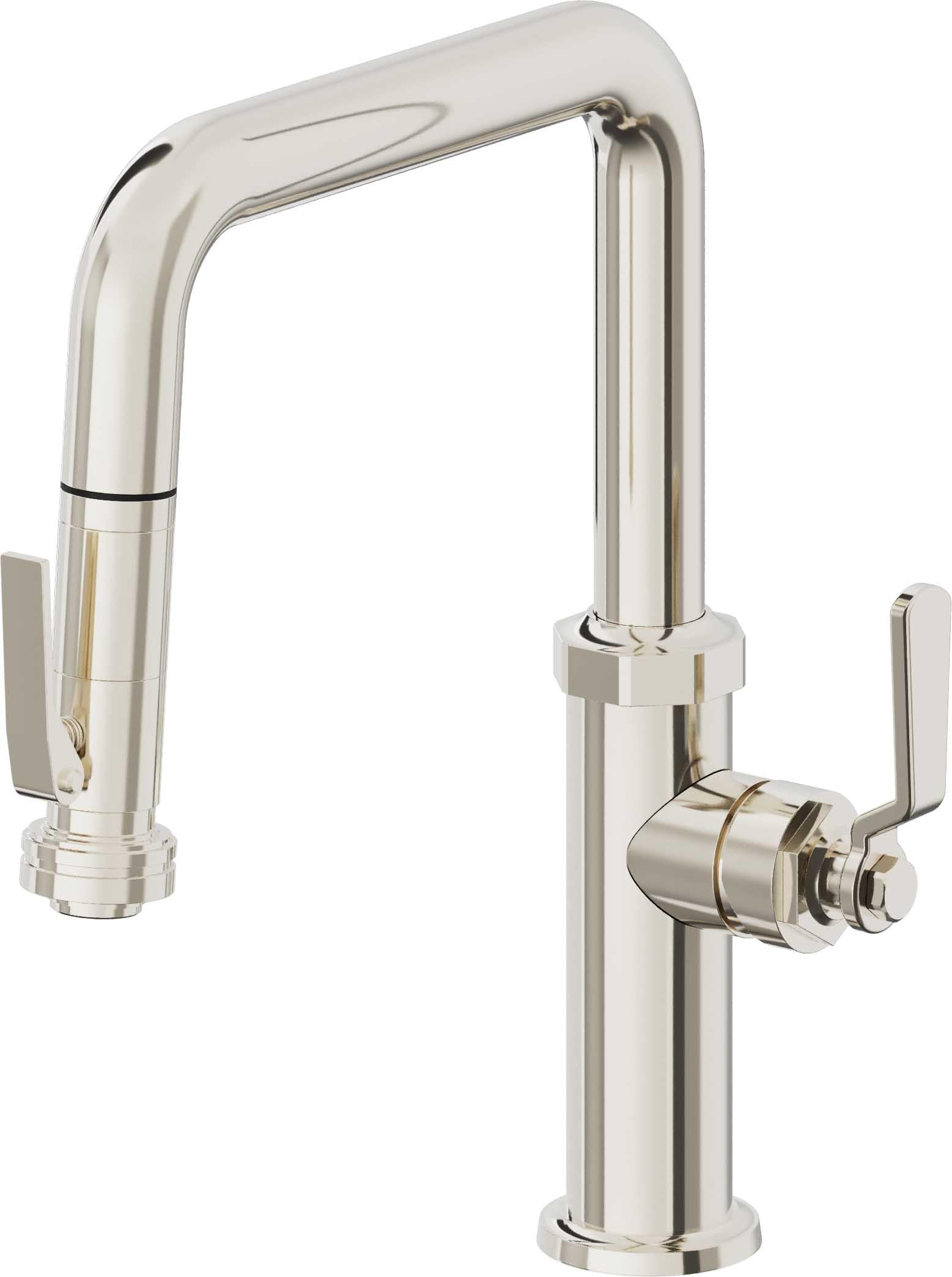 California Faucets Descanso Works Llave de Cocina Extraible Industrial con Rociador de Apretar - Pico Cuadruple - Níquel Pulido