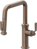California Faucets Descanso Works Llave de Cocina Extraible Industrial con Rociador de Apretar - Pico Cuadruple - Bronce Satinado