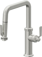 California Faucets Descanso Works Llave de Cocina Extraible Industrial con Rociador de Apretar - Pico Cuadruple - Cromo Satinado