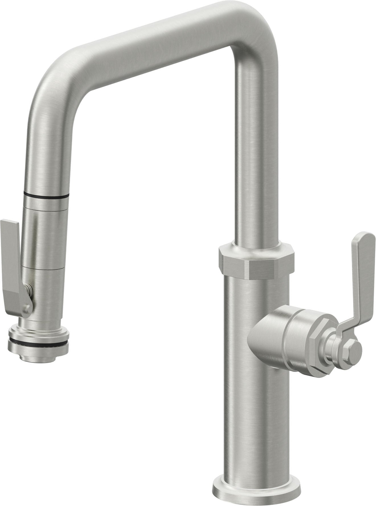 California Faucets Descanso Works Llave de Cocina Extraible Industrial con Rociador de Apretar - Pico Cuadruple - Cromo Satinado
