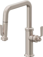 California Faucets Descanso Works Llave de Cocina Extraible Industrial con Rociador de Apretar - Pico Cuadruple - Níquel Satinado