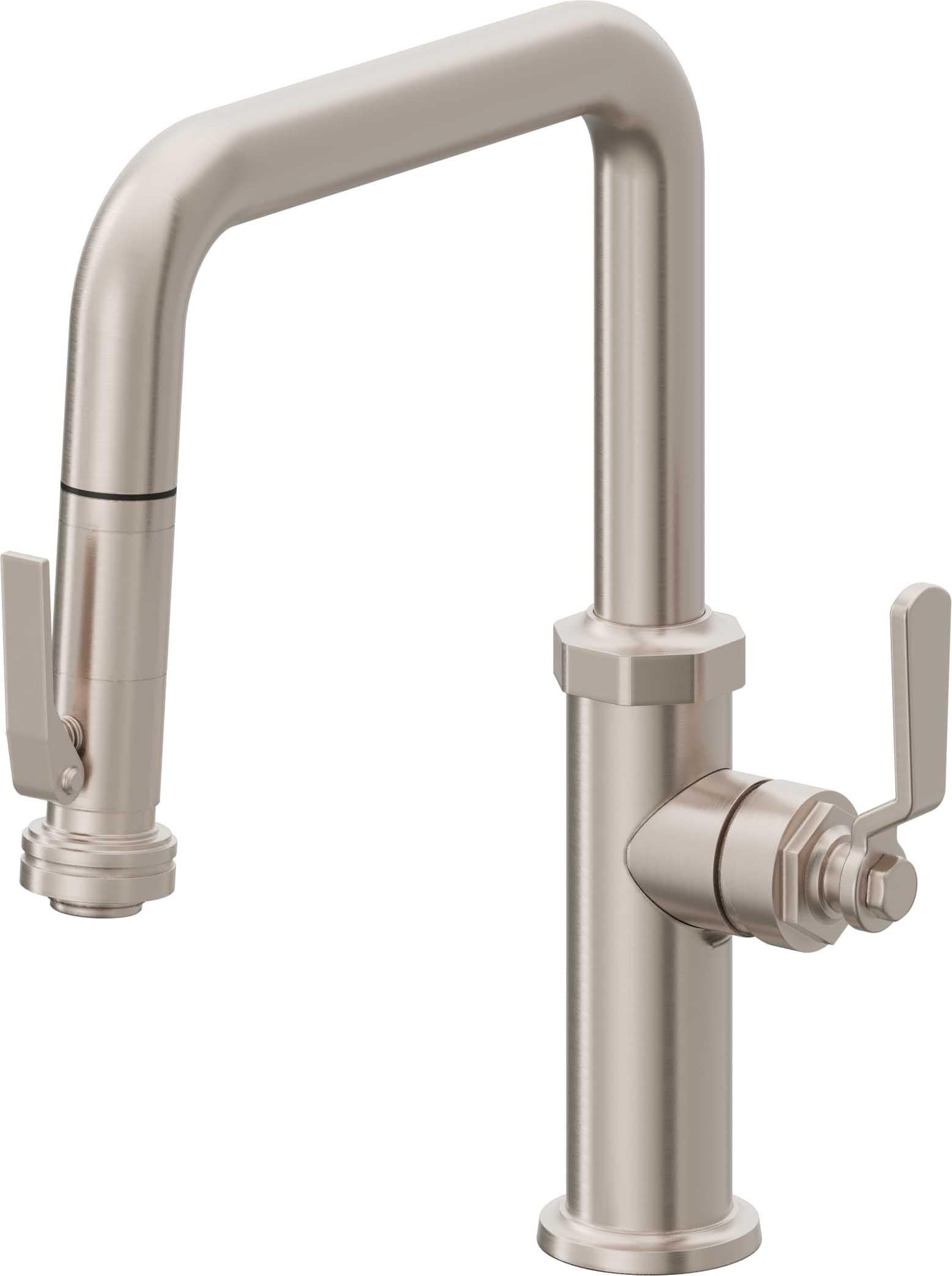 California Faucets Descanso Works Llave de Cocina Extraible Industrial con Rociador de Apretar - Pico Cuadruple - Níquel Satinado