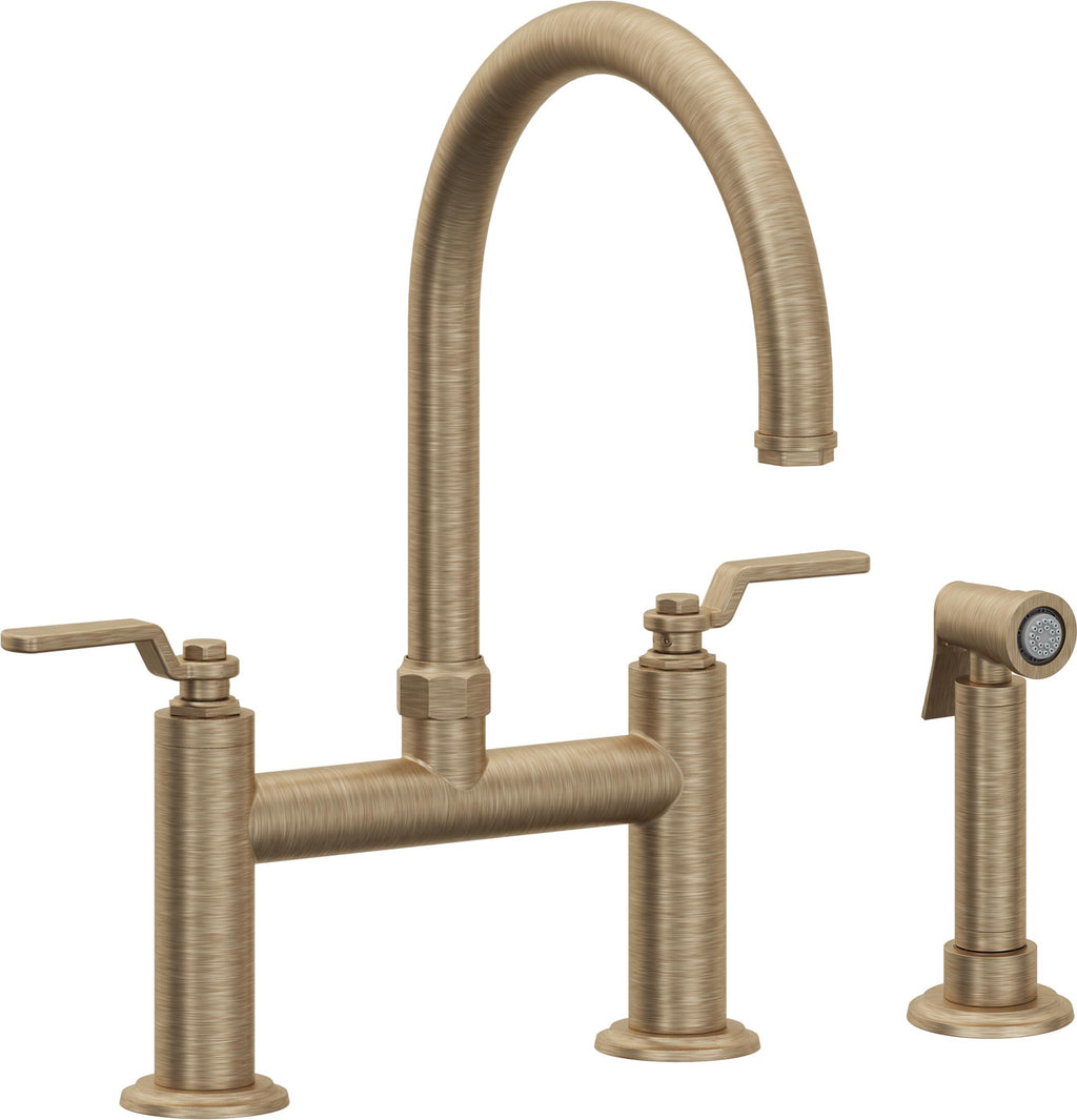California Faucets Descanso Works Llave de Cocina Tipo Puente Industrial con Rociador Lateral - Pico en Arco - Latón Antiguo Mate