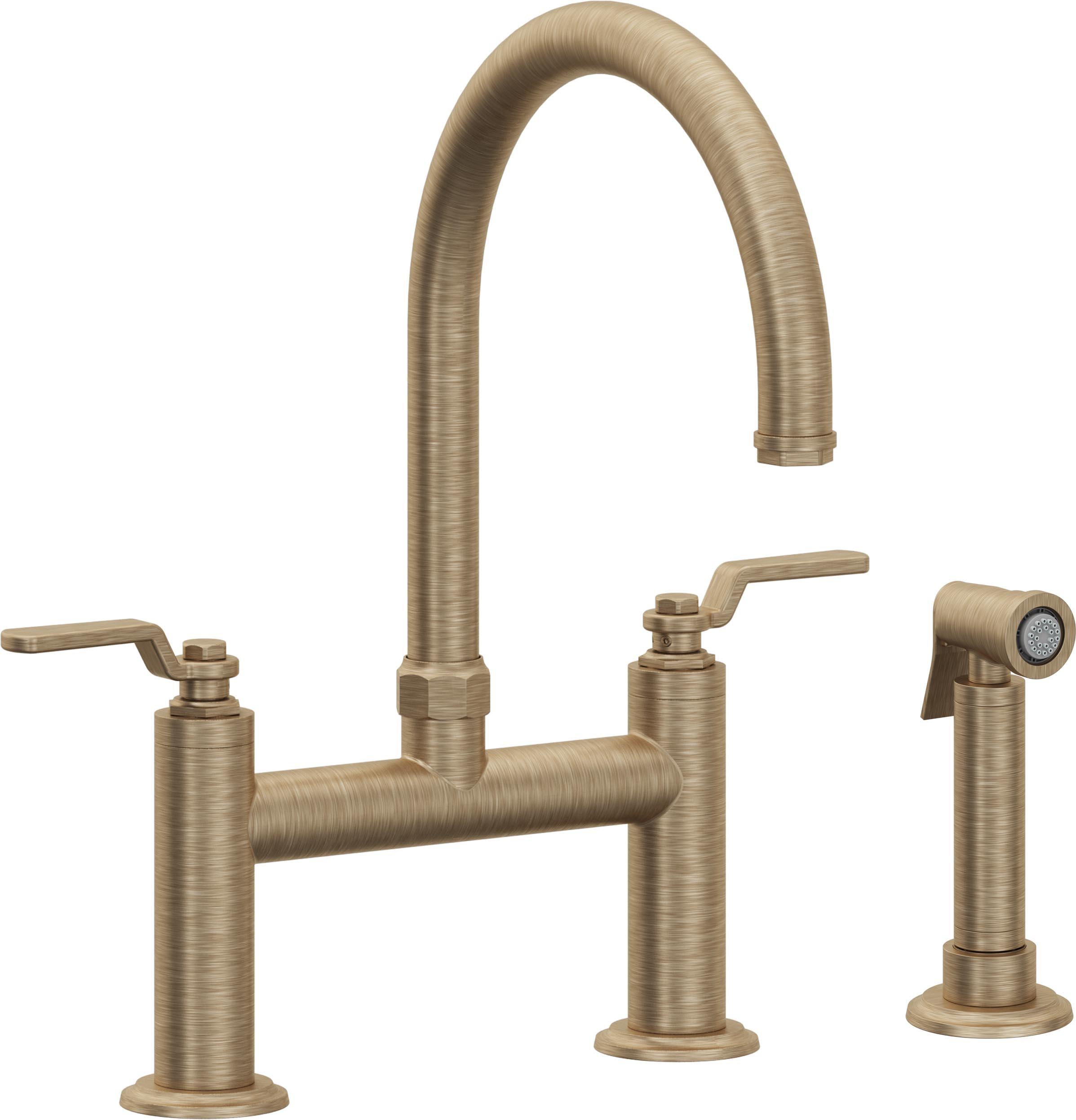 California Faucets Descanso Works Llave de Cocina Tipo Puente Industrial con Rociador Lateral - Pico en Arco - Latón Antiguo Mate