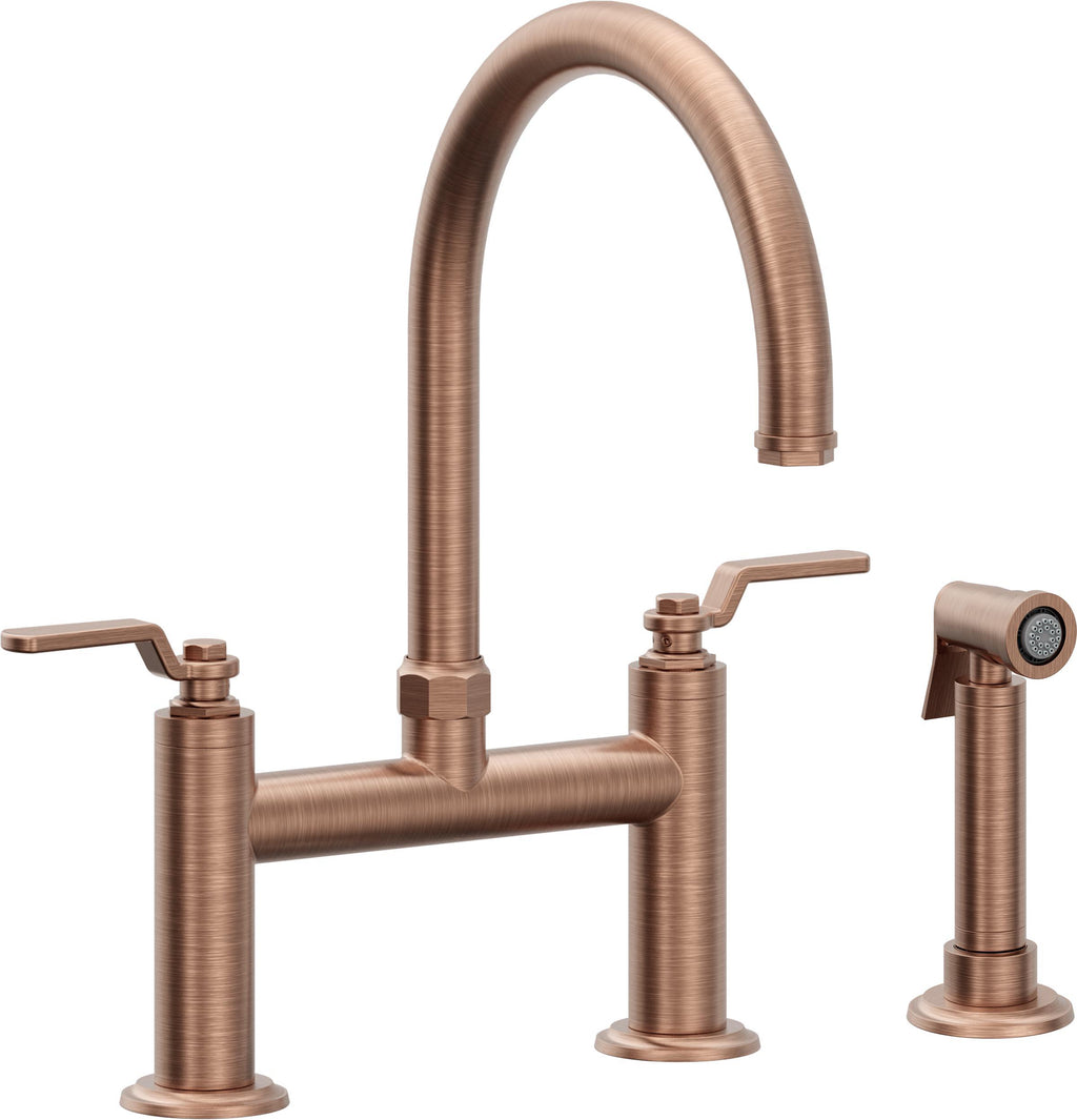 California Faucets Descanso Works Llave de Cocina Tipo Puente Industrial con Rociador Lateral - Pico en Arco - Cobre Antiguo Mate