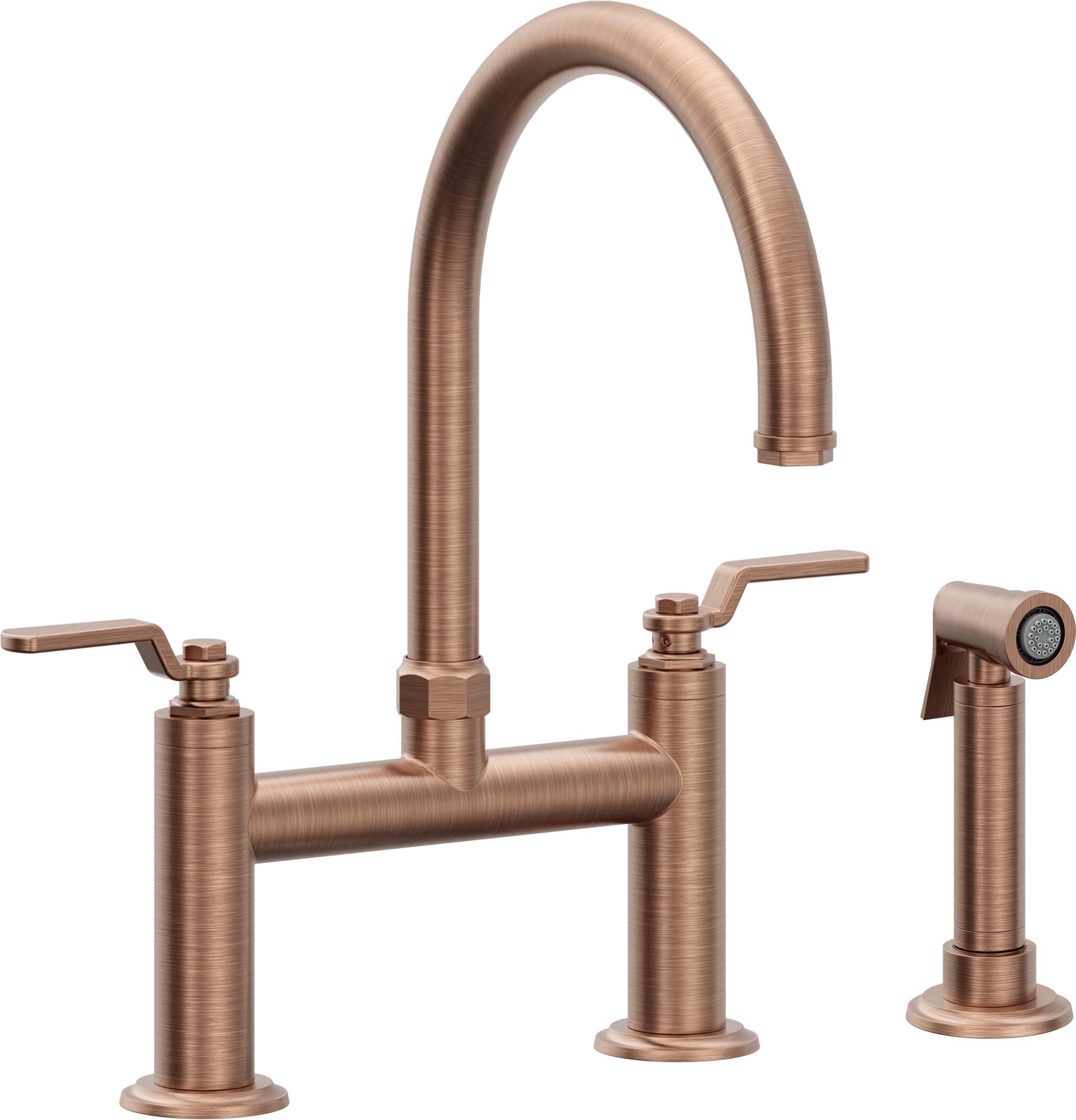 California Faucets Descanso Works Llave de Cocina Tipo Puente Industrial con Rociador Lateral - Pico en Arco - Cobre Antiguo Mate