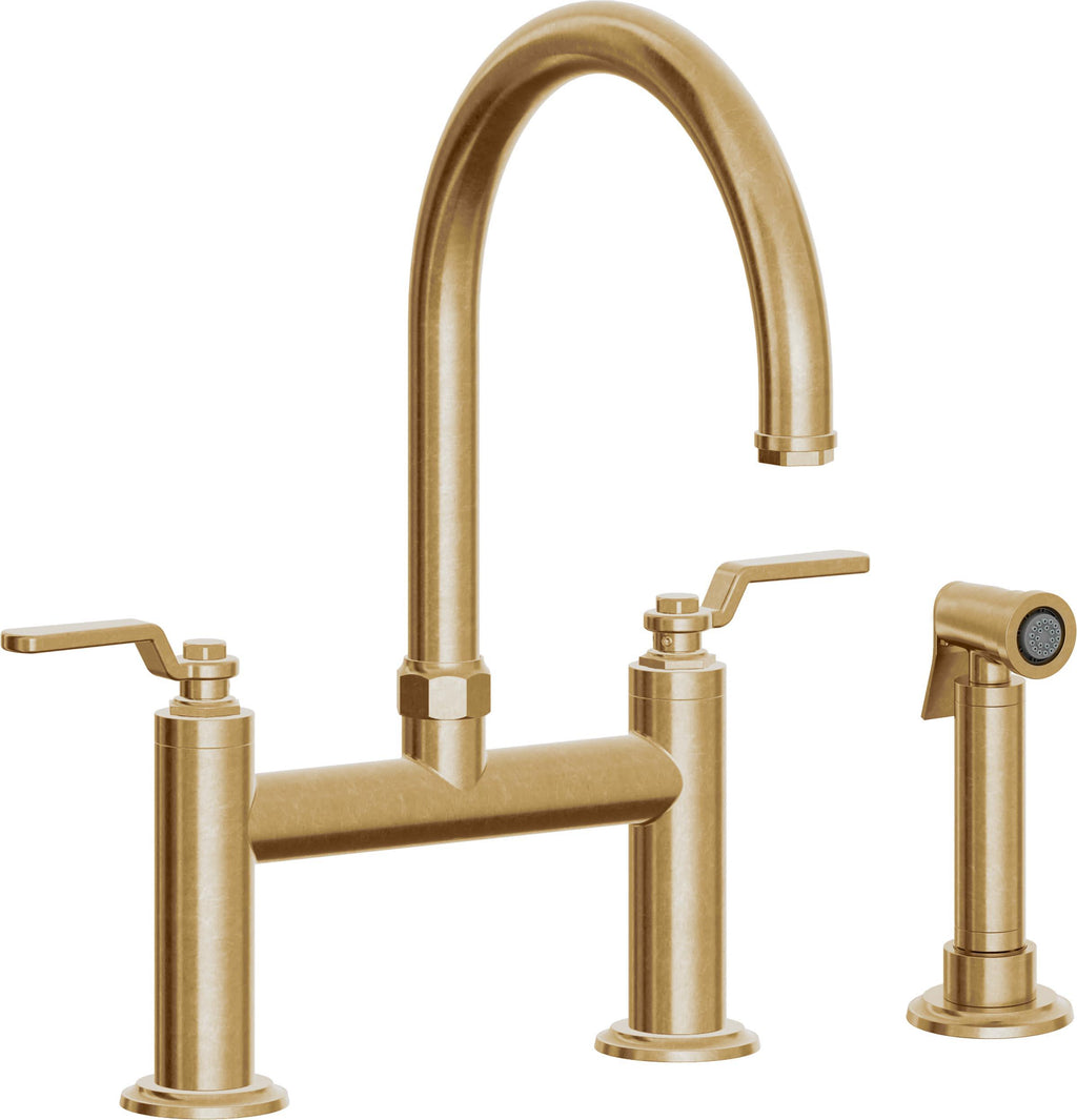 California Faucets Descanso Works Llave de Cocina Tipo Puente Industrial con Rociador Lateral - Pico en Arco - Latón Bruñido